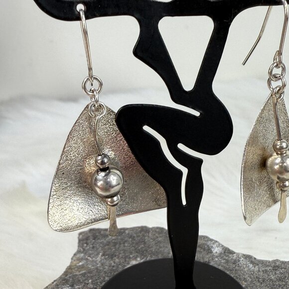 Vintage Triangle & Bead Dangle Sterling Silver Pierced Earrings 1.75" - Picture 2 of 6